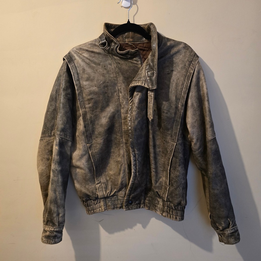 Vintage 80s Unbranded Leather Bomber Jacket Mens M Grey Distressed Made in Italy